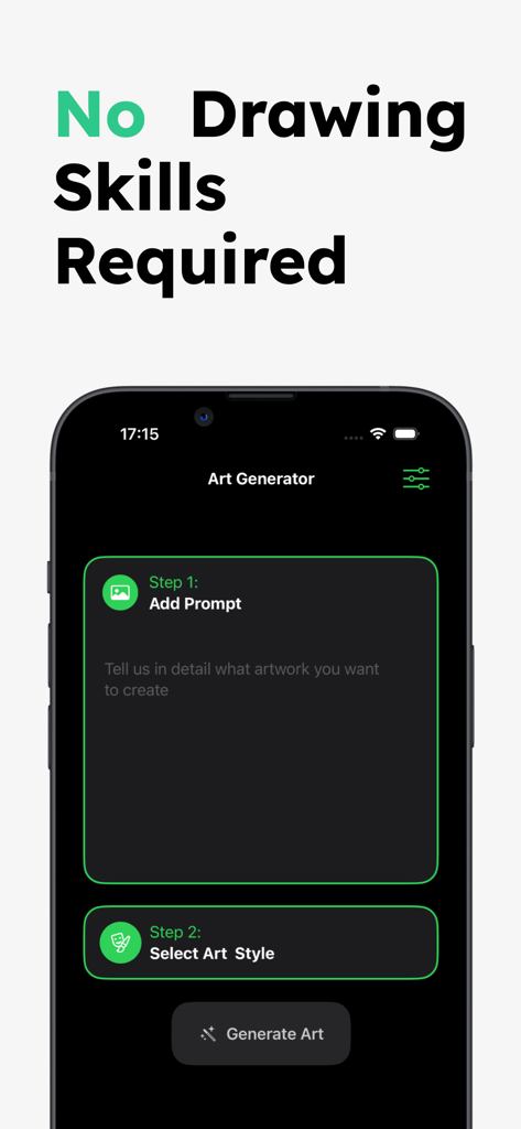 AI Art Generator: Create Art - User interface of AI Art Generator showing prompt input and style selection steps with a no drawing skills required headline