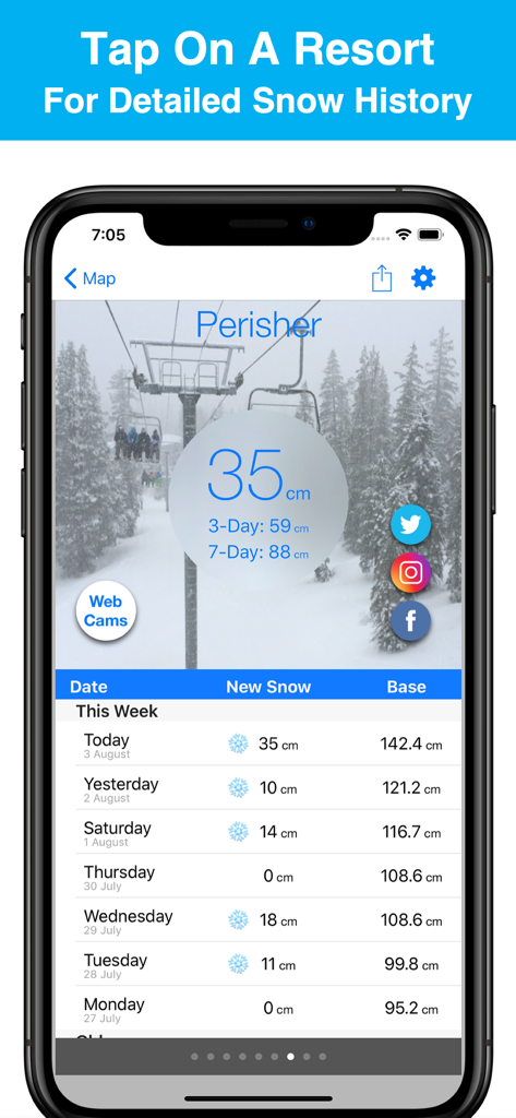 Australia Snow Map & Webcams - A detailed snow report for Perisher resort showing daily snowfall and base depths.