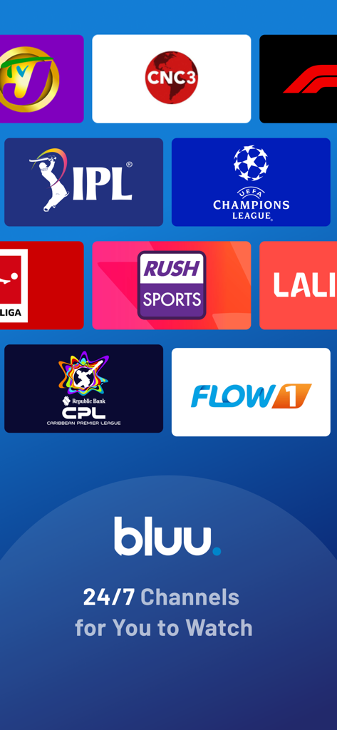 Logos de canales deportivos y de noticias locales del Caribe disponibles en StreamBluu