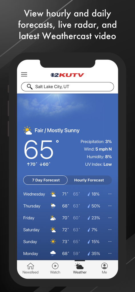 KUTV TV - Weather forecast screen for Salt Lake City on the KUTV news app showing current temperature and a seven day forecast