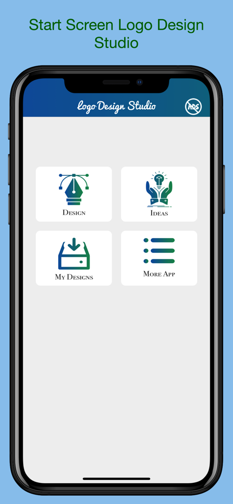 Logo Design Revo - Start screen of Logo Design Revo app on an iPhone showing options for design ideas and saved projects
