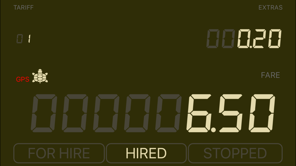 Taximeter 1.0 - Digital display of Taximeter 1.0 showing a fare of 6.50 and hired status.