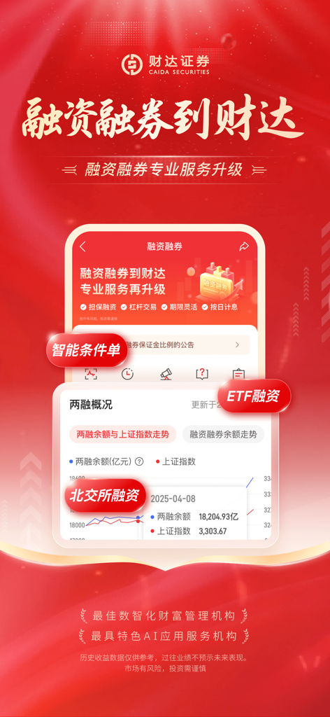 财达证券股市通-股票交易 基金理财 - Mobile app interface showing margin trading statistics and smart order options for Caida Securities