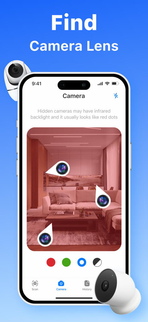 Hidden Spy Camera Detector App - 스마트폰 화면에서 빨간색 필터를 사용하여 숨겨진 카메라 렌즈를 찾는 방법을 보여주는 모바일 앱 인터페이스