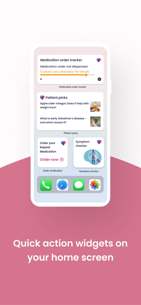Widgets da tela inicial do aplicativo Patient Access para rastreamento de medicação e verificação de sintomas