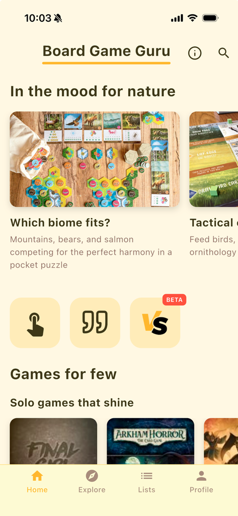 Home screen of the Board Game Guru app showing nature-themed board game recommendations and strategy tools