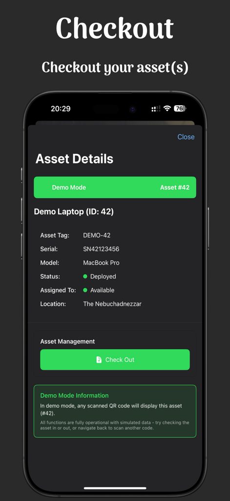 Snipe-Scan - Mobile screen of Snipe-Scan app showing IT asset details for a laptop and a green check out button in dark mode.