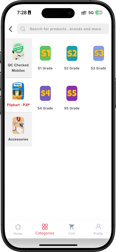DD App B2R - Interface of the DD App B2R showing different mobile grading categories like S1 to S5 for refurbished phones and accessories