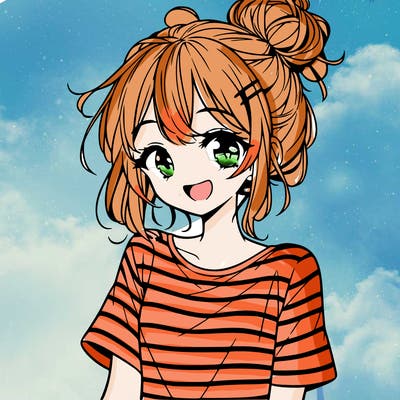 anime girl teenager striped shirt and smile and messy bun