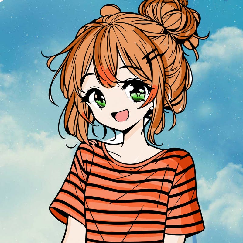 anime girl teenager striped shirt and smile and messy bun