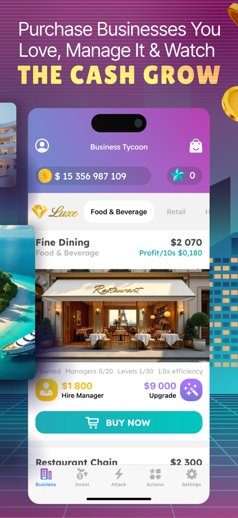 Business Tycoon Clash & Deals - Interfaz de Business Tycoon Clash y Deals que muestra la gestión y las opciones de mejora de un restaurante de alta cocina.
