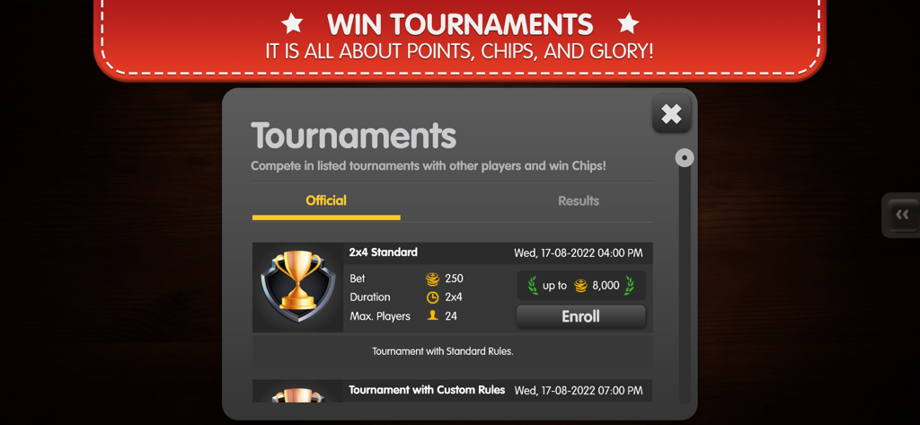 Lista de torneios no Doppelkopf Online Doko apresentando partidas com regras padrão e prêmios em fichas