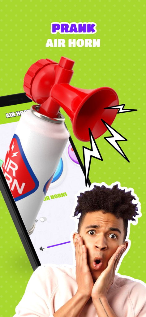 A man looking shocked next to a large red air horn graphic on a mobile prank app