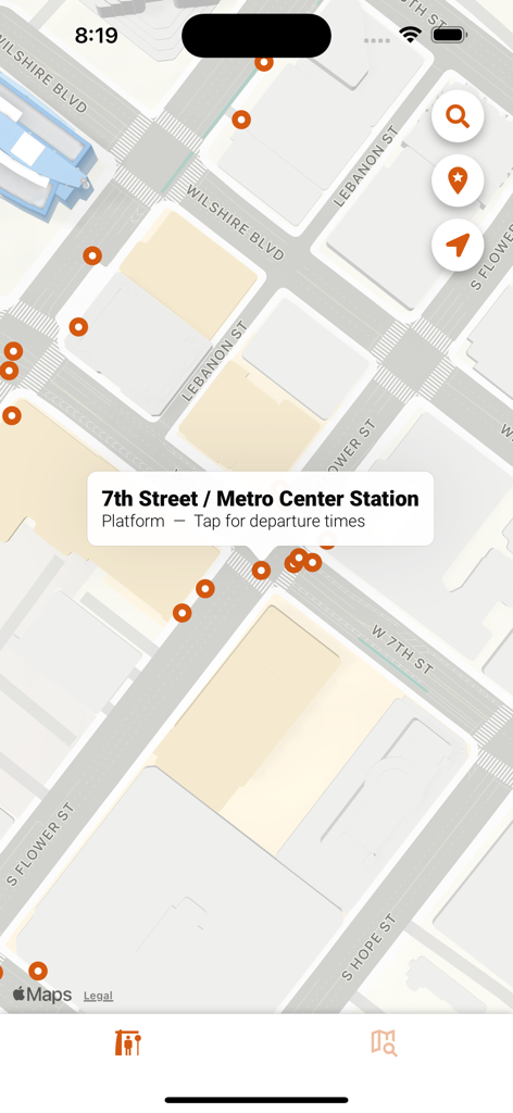 Los Angeles Transit (LA Metro) - Vista de mapa de la aplicación Los Angeles Transit que muestra la estación 7th Street Metro Center con paradas de tránsito cercanas en el centro de Los Ángeles.
