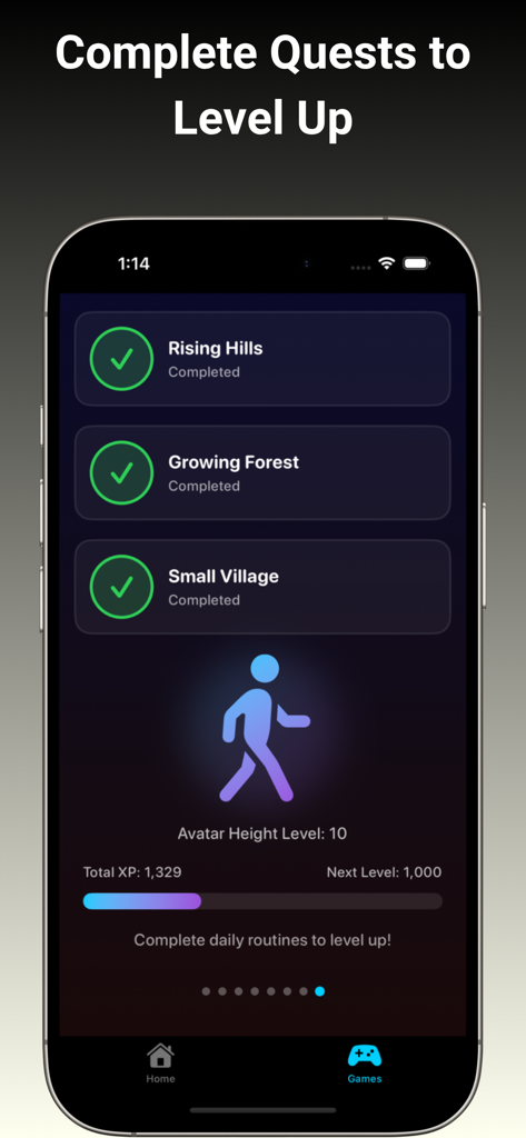 GenTallアプリのインターフェース。完了した成長クエストとアバターの身長レベルの進捗を表示。