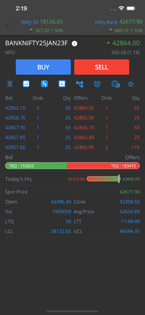 MYNT Zebu - MYNT Zebu mobile app interface showing stock market depth bid and offer prices with buy and sell buttons