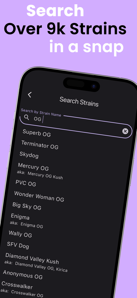 A mobile screen showing the search interface for cannabis strains within the Strain Guide app.