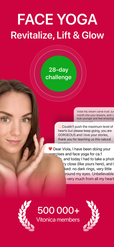 Vitonica Face Yoga app screenshot featuring a 28 day challenge and user testimonials