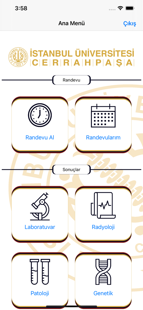 Main menu of the Cerrahpasa hospital appointment and lab results app showing options for radiology laboratory and pathology