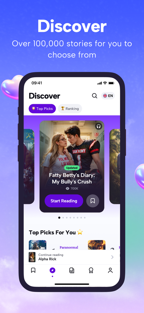 MyPassion: Read, Listen Novels - The discover screen of the MyPassion app featuring a romance story and a library of over 100,000 novels.