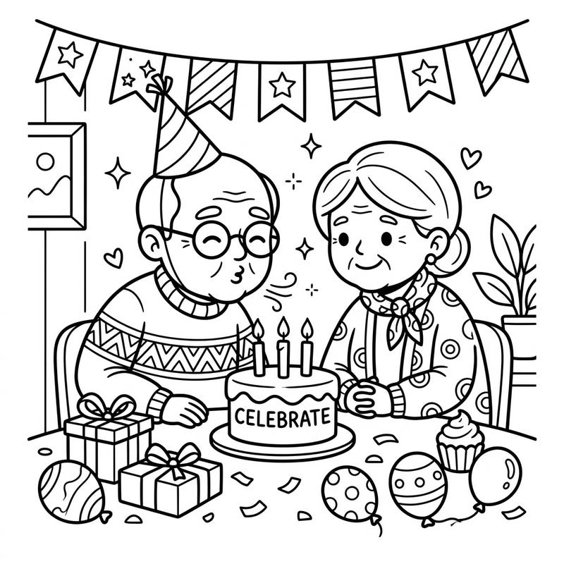 Bring this delightful elderly couple's celebration to life with your favorite colors. This charming coloring page is perfect for kids to enjoy a heartwarming moment of joy and festivity.