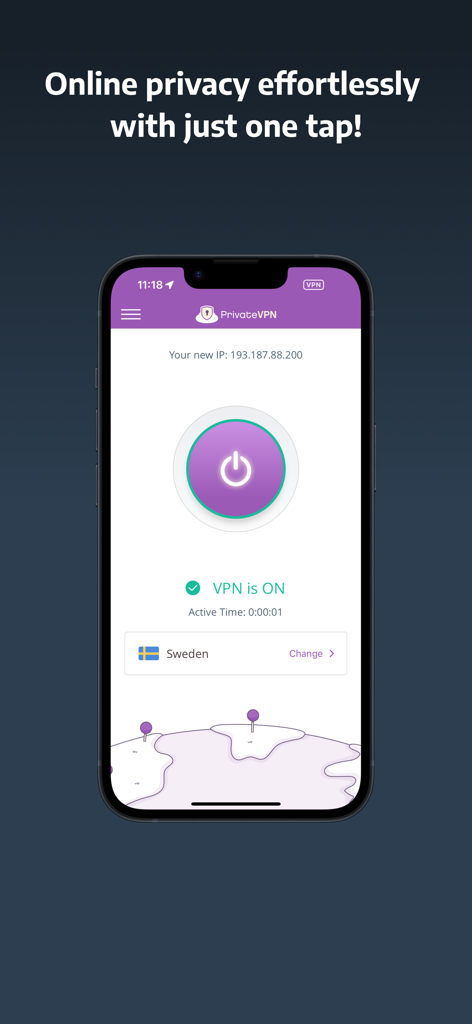 スウェーデンのサーバーへのアクティブなセキュア接続を示すiPhone上のPrivateVPNモバイルアプリインターフェース
