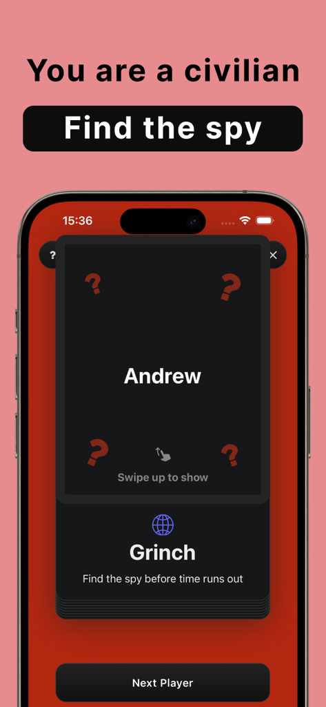 Schermata mobile che mostra l'assegnazione di un ruolo da civile e una parola segreta nel gioco di società Spy.