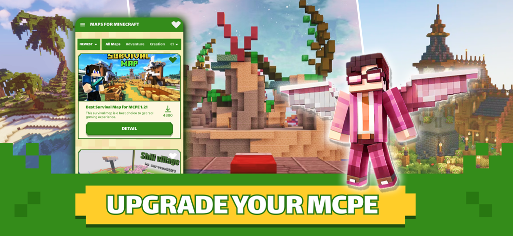 Promotional banner for Maps for Minecraft and Addons showing various game worlds and the app interface