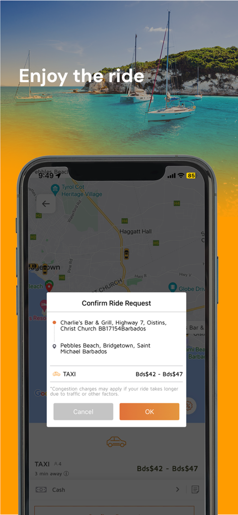 PickUp Barbados - Una pantalla de smartphone que muestra una confirmación de viaje en taxi en la aplicación PickUp Barbados sobre un fondo oceánico tropical