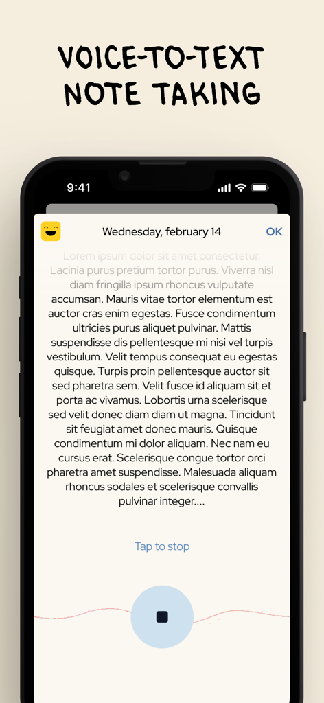 Interfaz de la aplicación Mi Diario que muestra una sesión de toma de notas de voz a texto en un iPhone