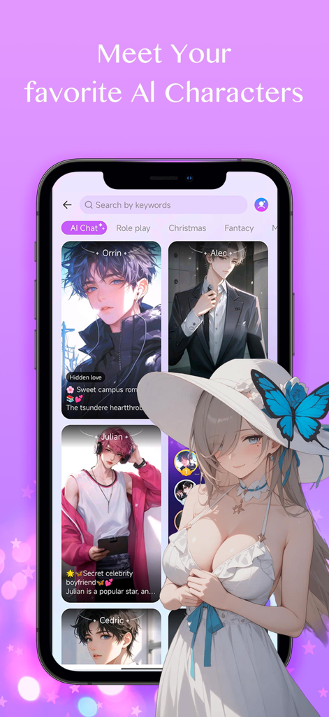 Jigsaw Keyboard-win Kika Theme - Interfaz de la aplicación móvil que muestra personajes de IA estilo anime para chat y rol.