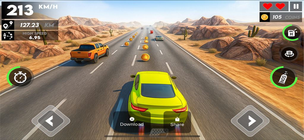 Unlimited Race Pro - Yellow sports car driving on a desert highway with a heads up display showing speed and distance in the Unlimited Race Pro app