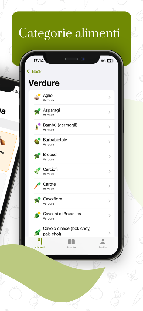 Una pantalla móvil que muestra una lista de verduras con indicadores de seguridad de colores para una dieta baja en histamina
