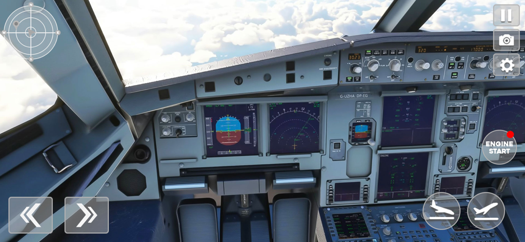 City Plane Flight Sim Games 3D - Internal cockpit view of a passenger plane flying above clouds in a flight simulator game
