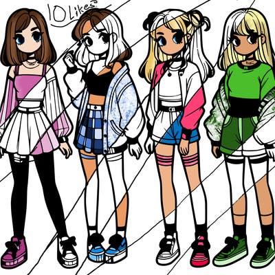 one girl with crop-top shirt and a jacket with a skirt, long socks and another girl with a shirt and pants with a jacket