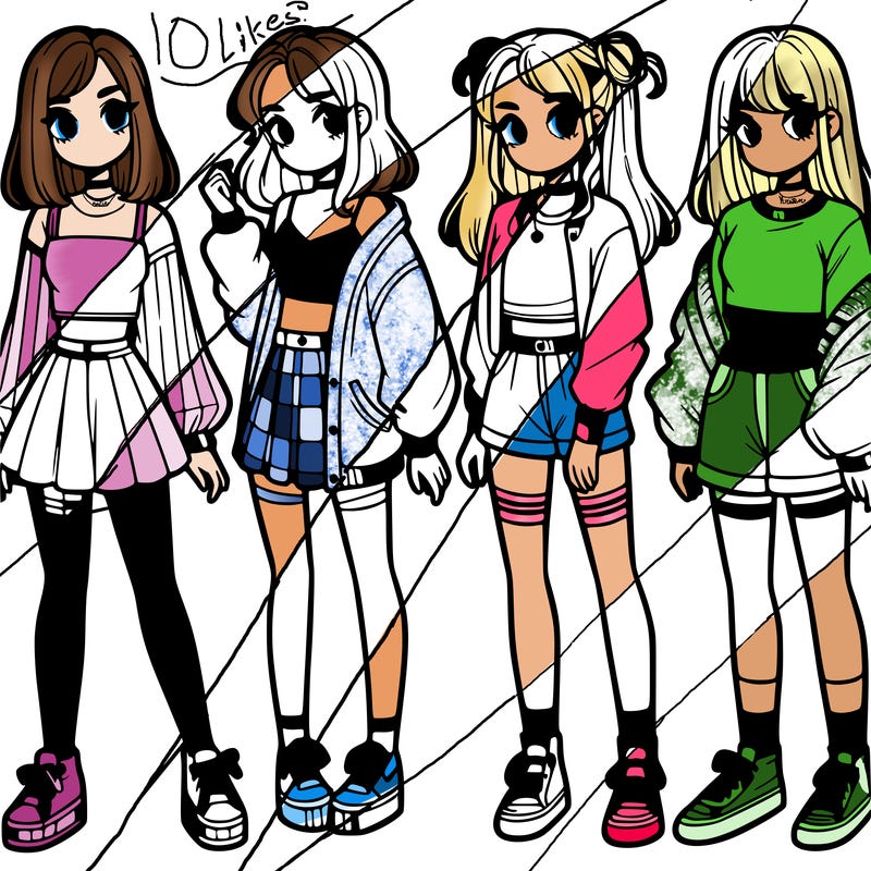 one girl with crop-top shirt and a jacket with a skirt, long socks and another girl with a shirt and pants with a jacket