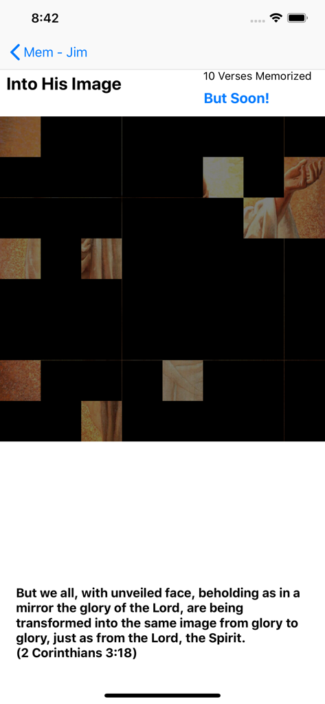 NavsTMS - A visual progress tracking screen in the NavsTMS app where uncovered squares slowly reveal a religious image as more Bible verses are memorized