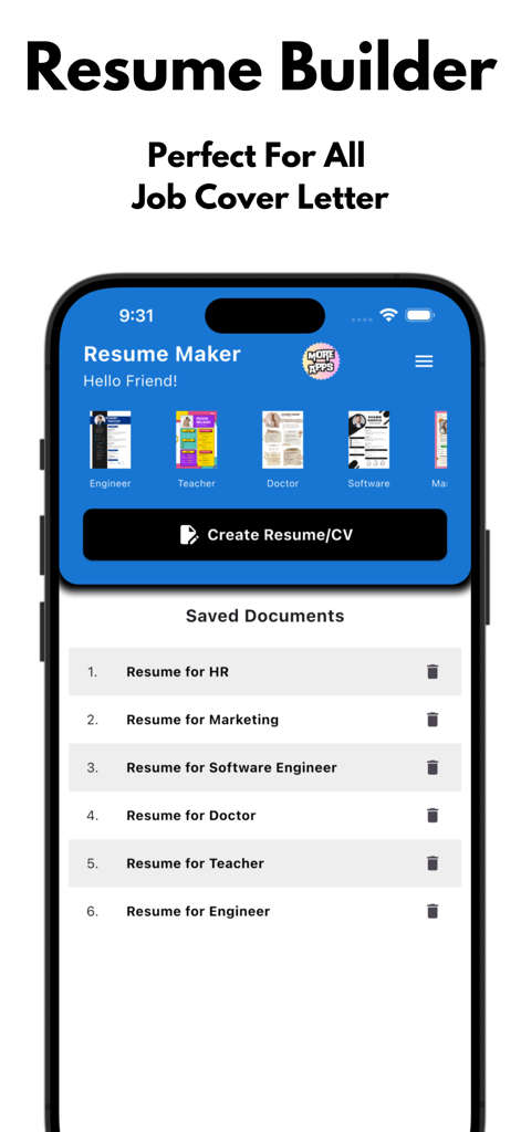 AI Resume Maker PDF CV Builder - iPhone screen showing AI Resume Maker app dashboard with resume templates and saved documents