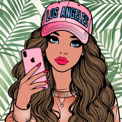 realistic beautiful girl wearing los ángeles cap holding an iphone