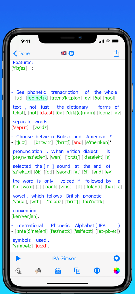 A mobile app screen showing English text with its corresponding International Phonetic Alphabet IPA transcription below each line.