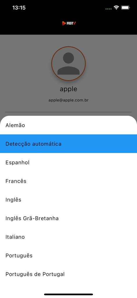 RBTV - Interfaccia dell'app RBTV che mostra le opzioni di selezione della lingua per il profilo utente.