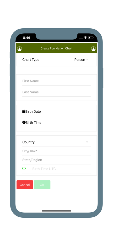 Genetic Matrix - Interface of the Genetic Matrix app showing a form to create a professional Human Design foundation chart with birth details.