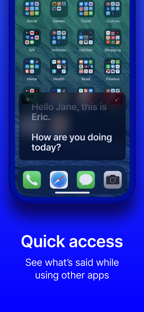 Live Transcribe - Live Transcribe app showing a floating transcription window with captions over the smartphone home screen