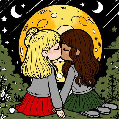 two girls kissing under the moonlight