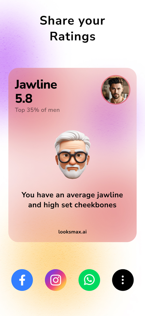 Face Rating - LooksMaxxing AI - Tela do aplicativo mostrando uma pontuação de linha da mandíbula de 5.8 com opções de compartilhamento para redes sociais.