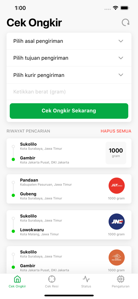 Kiriman: Cek Resi & Ongkir - Interface of the Kiriman app showing the shipping cost calculation form and a list of previous search histories for Indonesian couriers