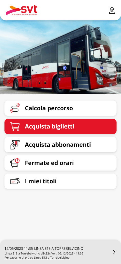 Svt Vicenza - Menu principal da aplicação móvel SVT Vicenza para bilhetes de autocarro e planeamento de rotas