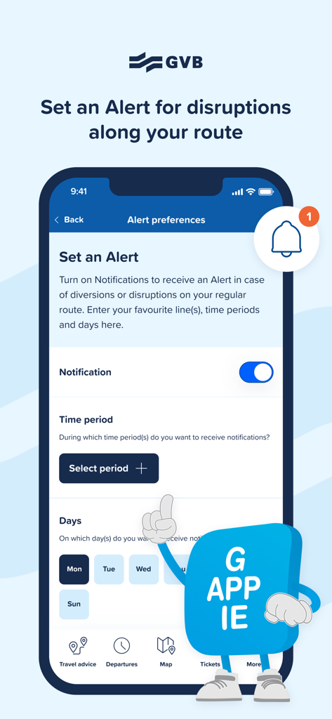 Pantalla que muestra las preferencias de alerta para interrupciones de rutas en la app de transporte GVB.