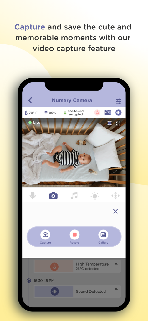 HubbleClub by Hubble Connected - HubbleClub app nursery camera live feed showing a baby in a crib with video recording and capture features