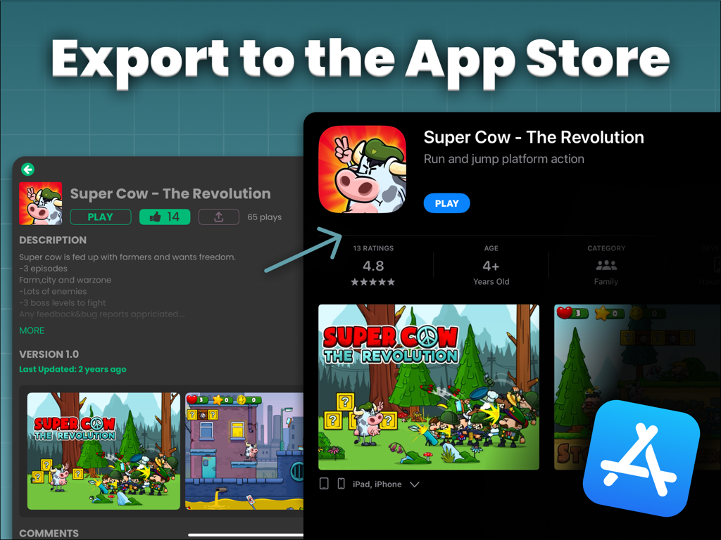 A visual showing how to export a created game to the Apple App Store using hyperPad.